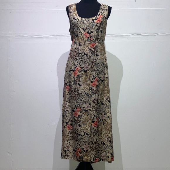 Brown and coral cool toned floral button down adjustable waist long dress - Picture 13 of 14